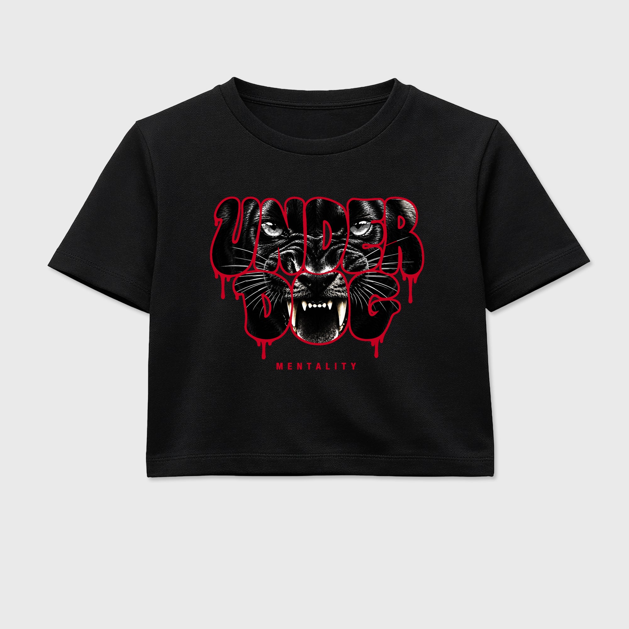 Under Dog Mentality women’s crop tee designed to match the Air Jordan 12 Retro Bloodline, featuring coordinated Black 2 options for a perfect streetwear vibe.