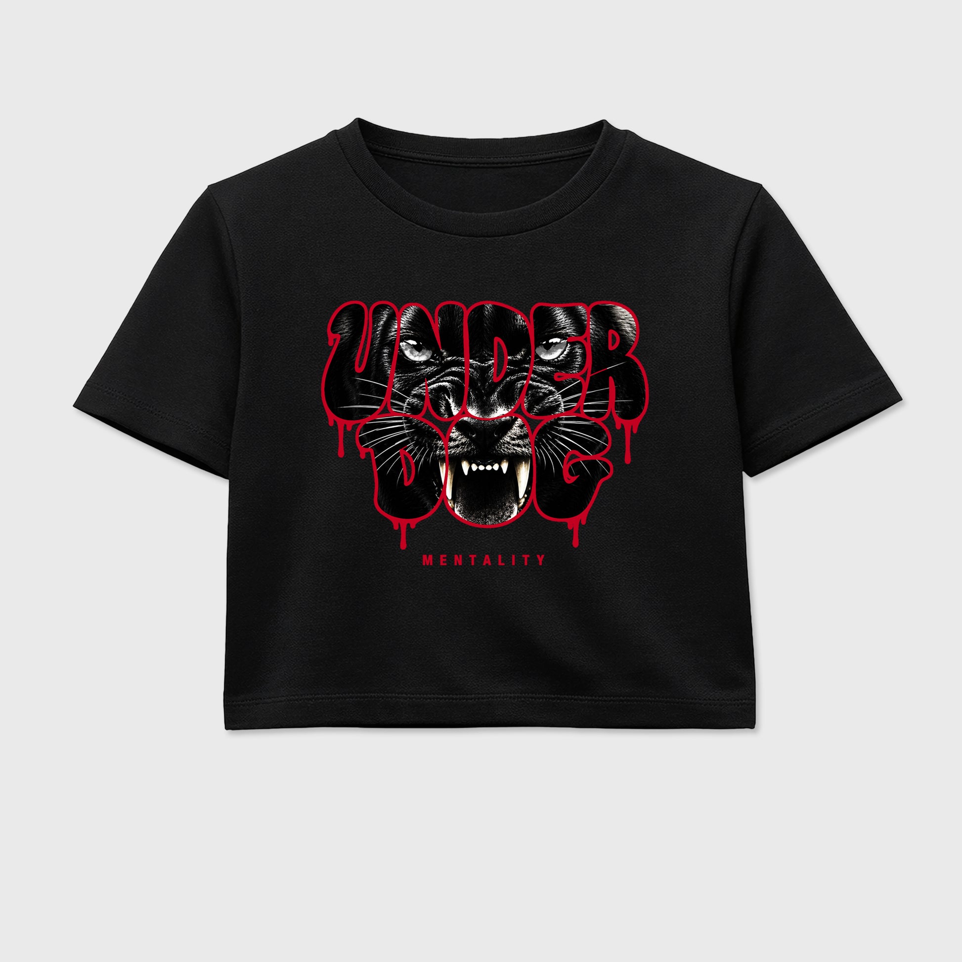Under Dog Mentality women’s crop tee designed to match the Air Jordan 12 Retro Bloodline, featuring coordinated Black 2 options for a perfect streetwear vibe.