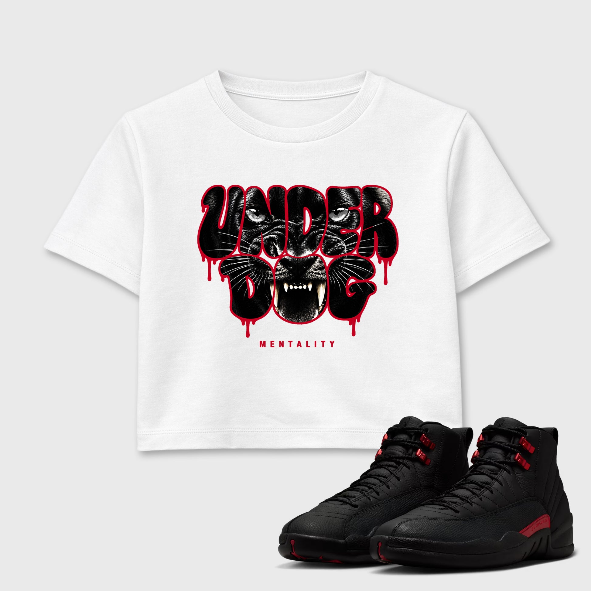 Under Dog Mentality women’s crop tee designed to match the Air Jordan 12 Retro Bloodline, featuring coordinated White 1 options for a perfect streetwear vibe.