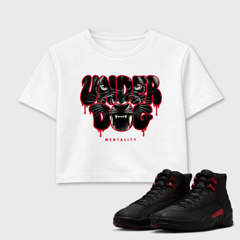 Under Dog Mentality women’s crop tee designed to match the Air Jordan 12 Retro Bloodline, featuring coordinated White 1 options for a perfect streetwear vibe.