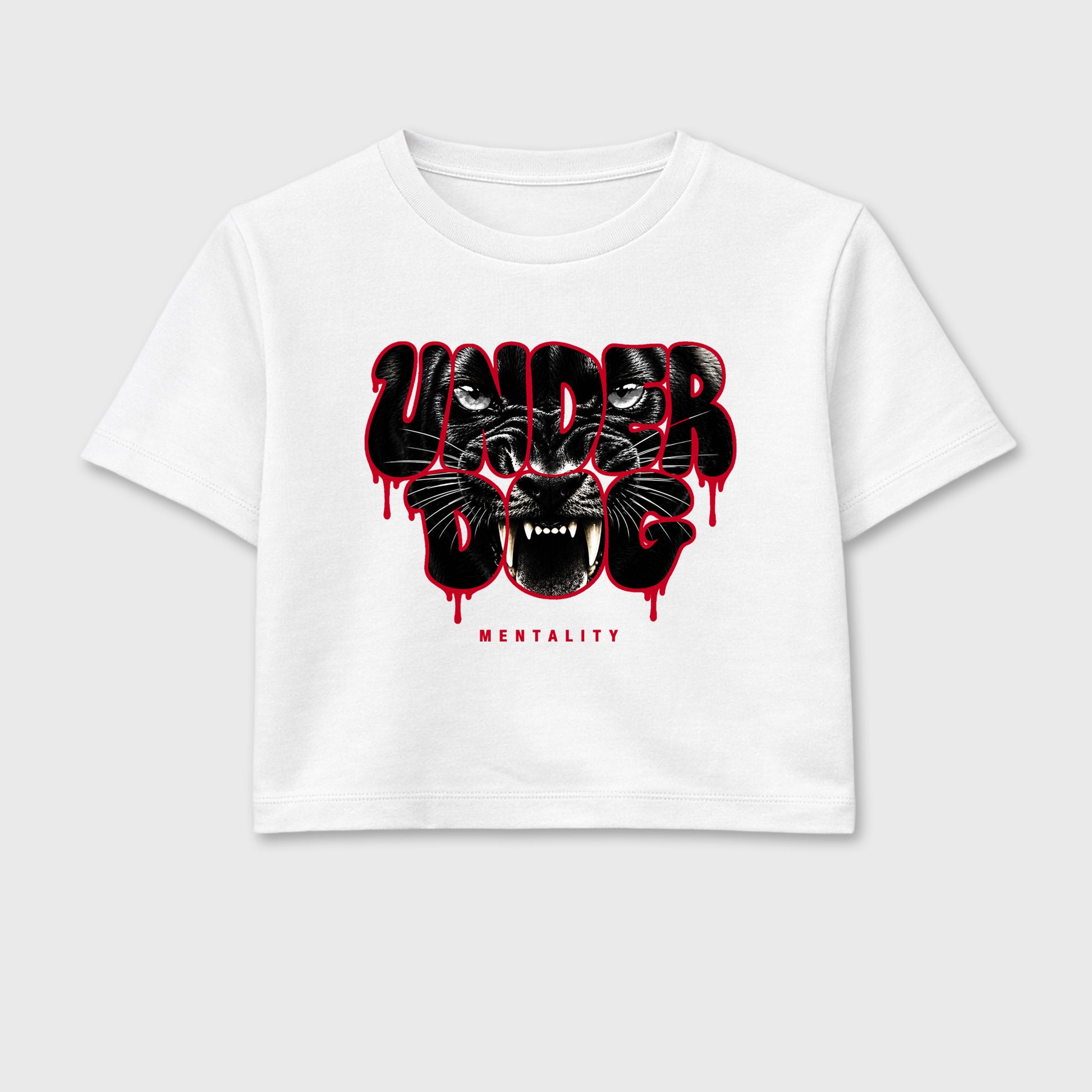 Under Dog Mentality women’s crop tee designed to match the Air Jordan 12 Retro Bloodline, featuring coordinated White 2 options for a perfect streetwear vibe.