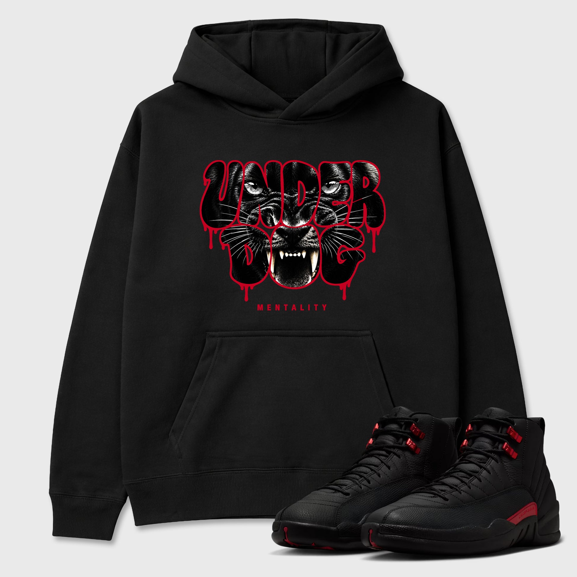 Under Dog Mentality Graphic T-Shirt sneaker match tee designed for the Air Jordan 12 Retro Bloodline, featuring coordinated color options for a perfect streetwear match. Black 1 shirt.