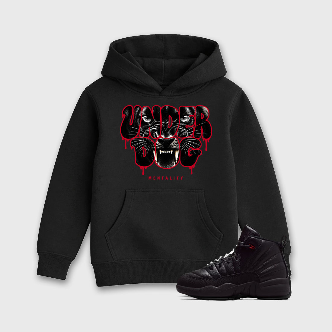 Under Dog Mentality affordable baby and kids t-shirt designed to match the Air Jordan 12 Retro Bloodline, featuring coordinated Black 1 options for the perfect little sneakerhead streetwear look.