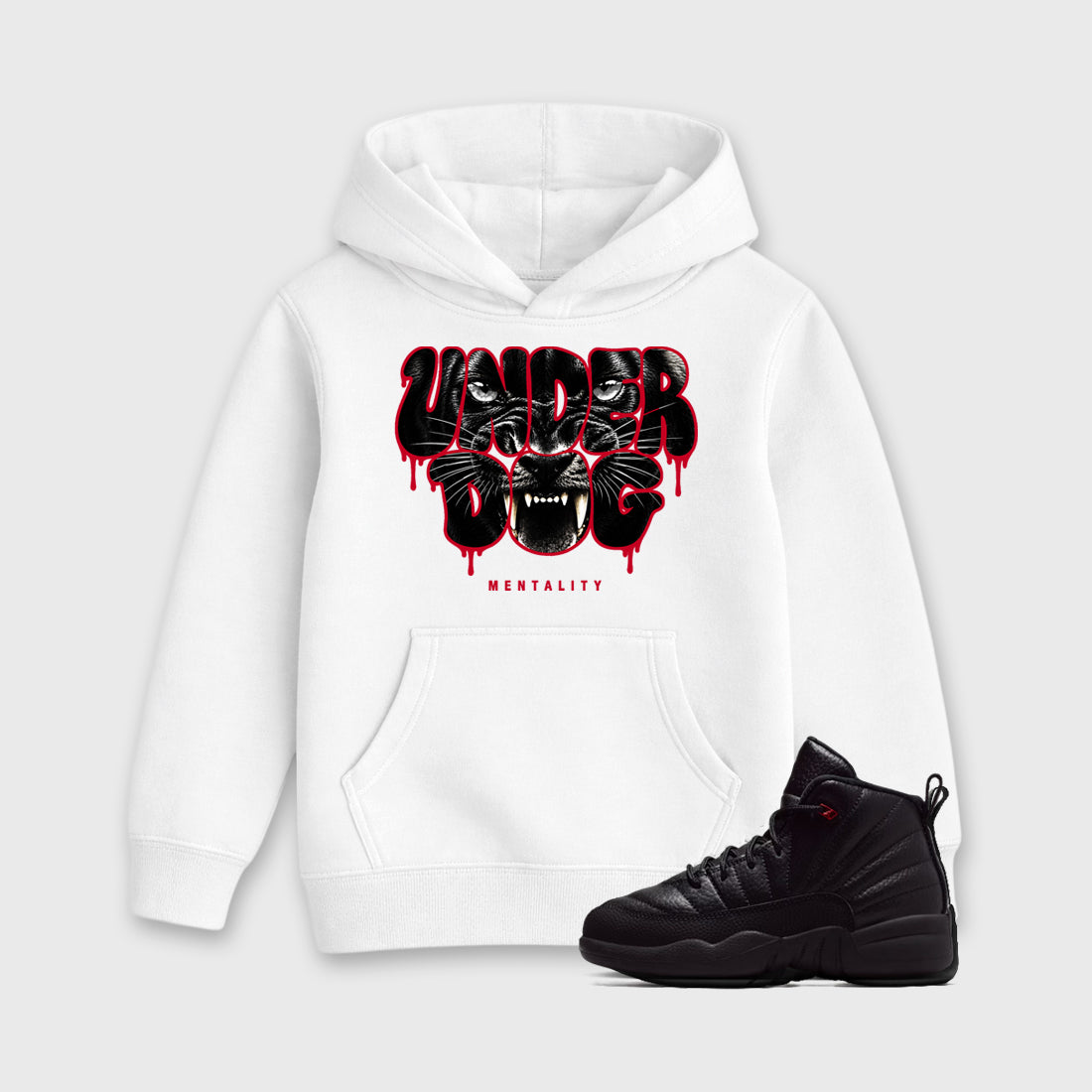 Under Dog Mentality affordable baby and kids t-shirt designed to match the Air Jordan 12 Retro Bloodline, featuring coordinated White 1 options for the perfect little sneakerhead streetwear look.