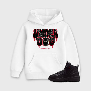 Under Dog Mentality affordable baby and kids t-shirt designed to match the Air Jordan 12 Retro Bloodline, featuring coordinated White 1 options for the perfect little sneakerhead streetwear look.