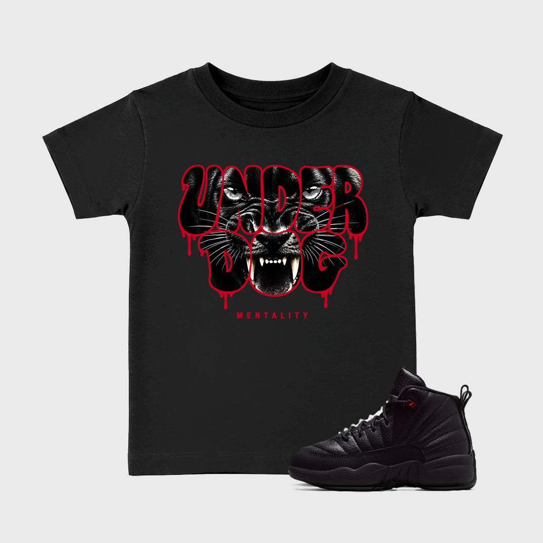 Under Dog Mentality affordable baby and kids t-shirt designed to match the Air Jordan 12 Retro Bloodline, featuring coordinated Black 1 options for the perfect little sneakerhead streetwear look.