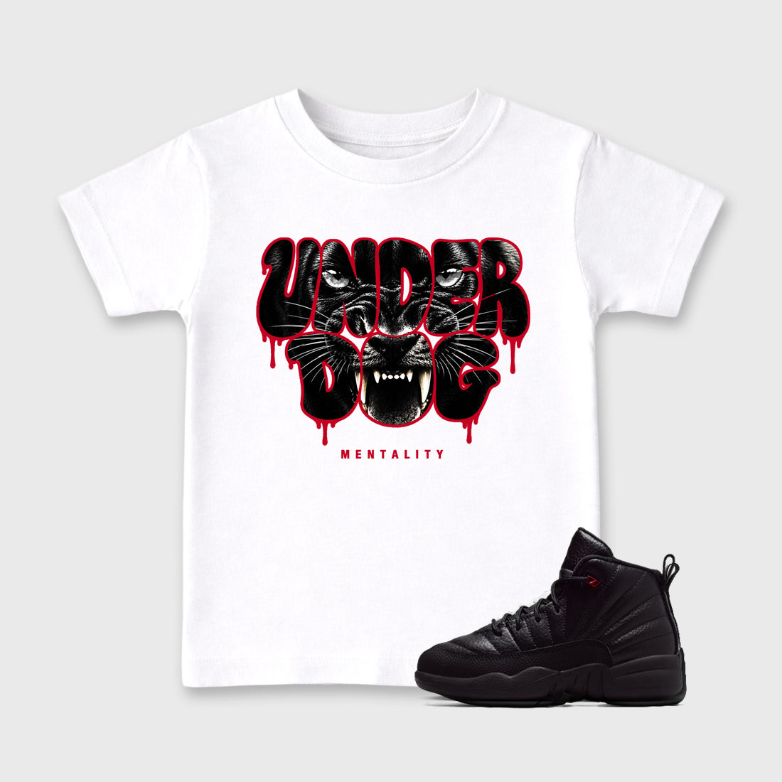 Under Dog Mentality affordable baby and kids t-shirt designed to match the Air Jordan 12 Retro Bloodline, featuring coordinated White 1 options for the perfect little sneakerhead streetwear look.