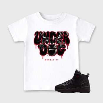 Under Dog Mentality affordable baby and kids t-shirt designed to match the Air Jordan 12 Retro Bloodline, featuring coordinated White 1 options for the perfect little sneakerhead streetwear look.