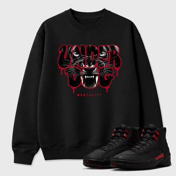 Under Dog Mentality Graphic T-Shirt sneaker match tee designed for the Air Jordan 12 Retro Bloodline, featuring coordinated color options for a perfect streetwear match. Black 1 shirt.