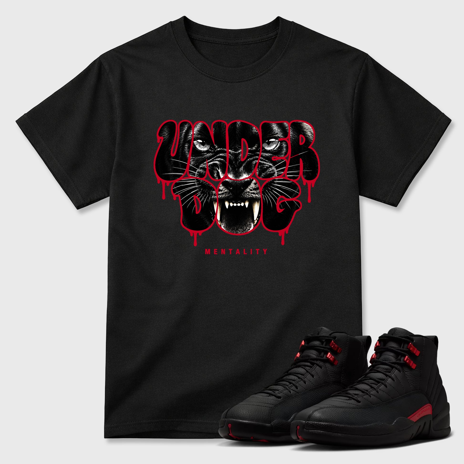 Under Dog Mentality Graphic T-Shirt sneaker match tee designed for the Air Jordan 12 Retro Bloodline, featuring coordinated color options for a perfect streetwear match. Black 1 shirt.