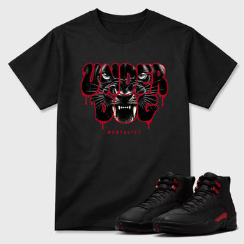 Under Dog Mentality Graphic T-Shirt sneaker match tee designed for the Air Jordan 12 Retro Bloodline, featuring coordinated color options for a perfect streetwear match. Black 1 shirt.