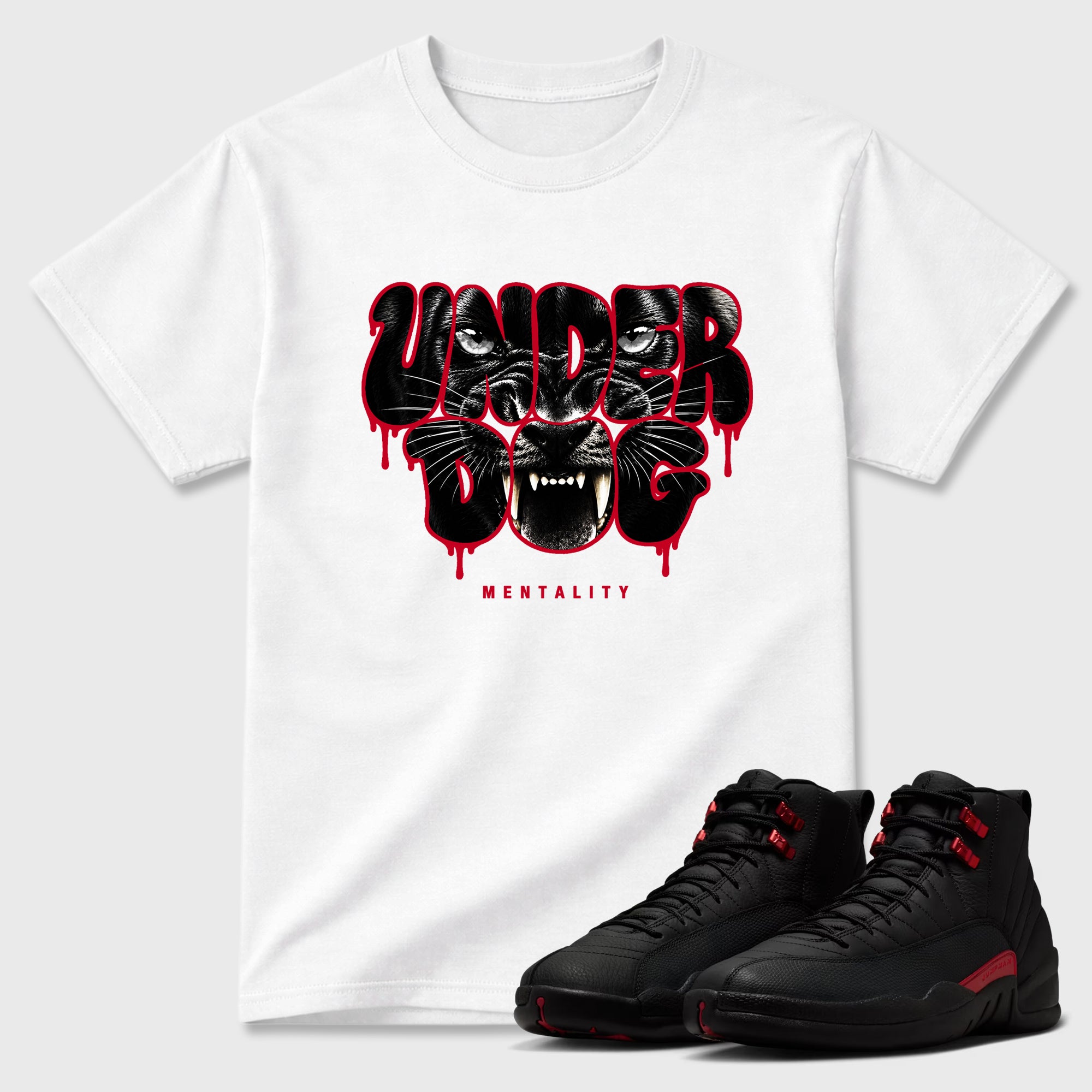 Under Dog Mentality Graphic T-Shirt sneaker match tee designed for the Air Jordan 12 Retro Bloodline, featuring coordinated color options for a perfect streetwear match. White 1 shirt.