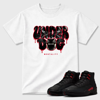 Under Dog Mentality Graphic T-Shirt sneaker match tee designed for the Air Jordan 12 Retro Bloodline, featuring coordinated color options for a perfect streetwear match. White 1 shirt.