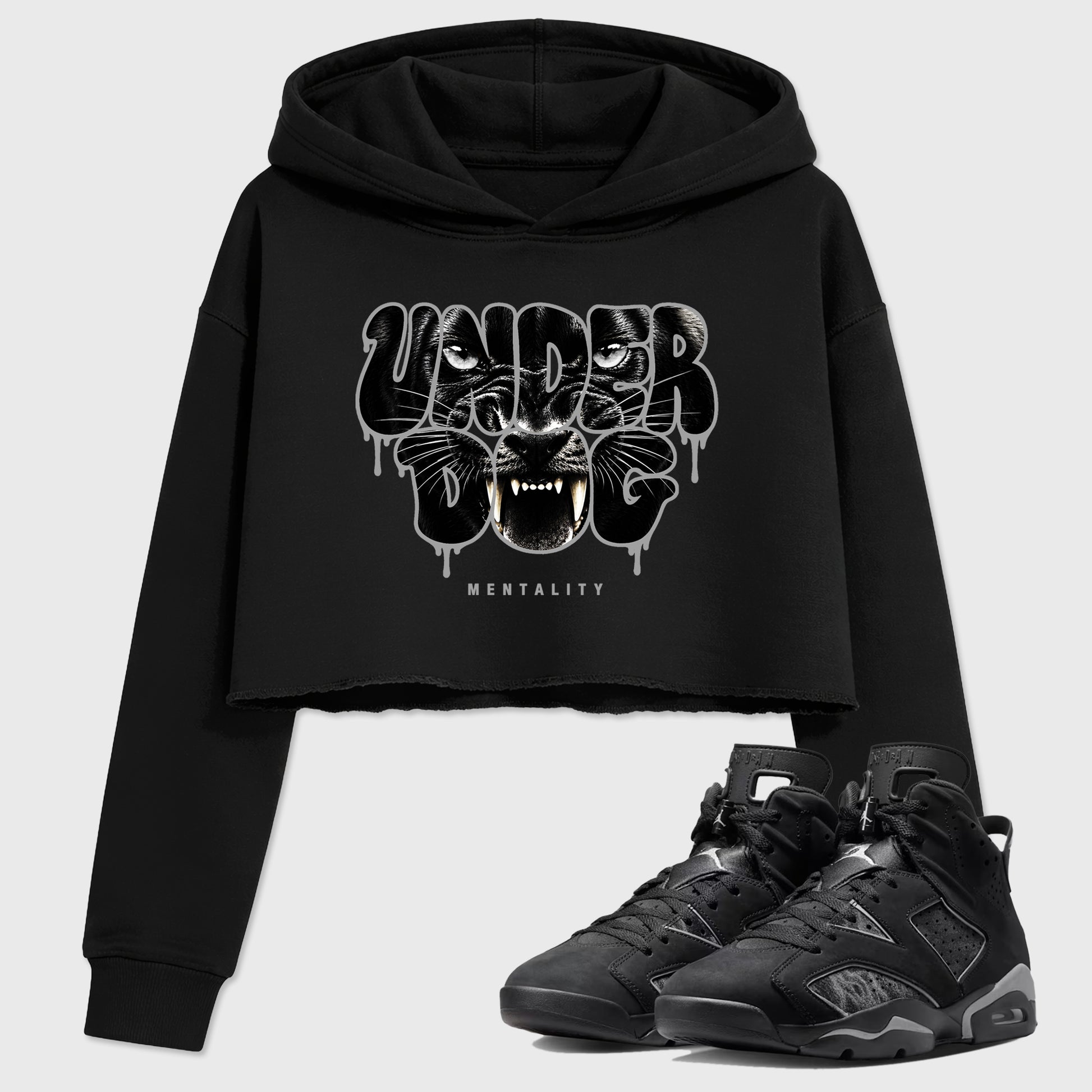 Sneaker match tees – Sneaker Tees To Match Air Jordan 6 Cap and Gown Shoes – Under Dog Mentality Crop T-Shirt Black 1