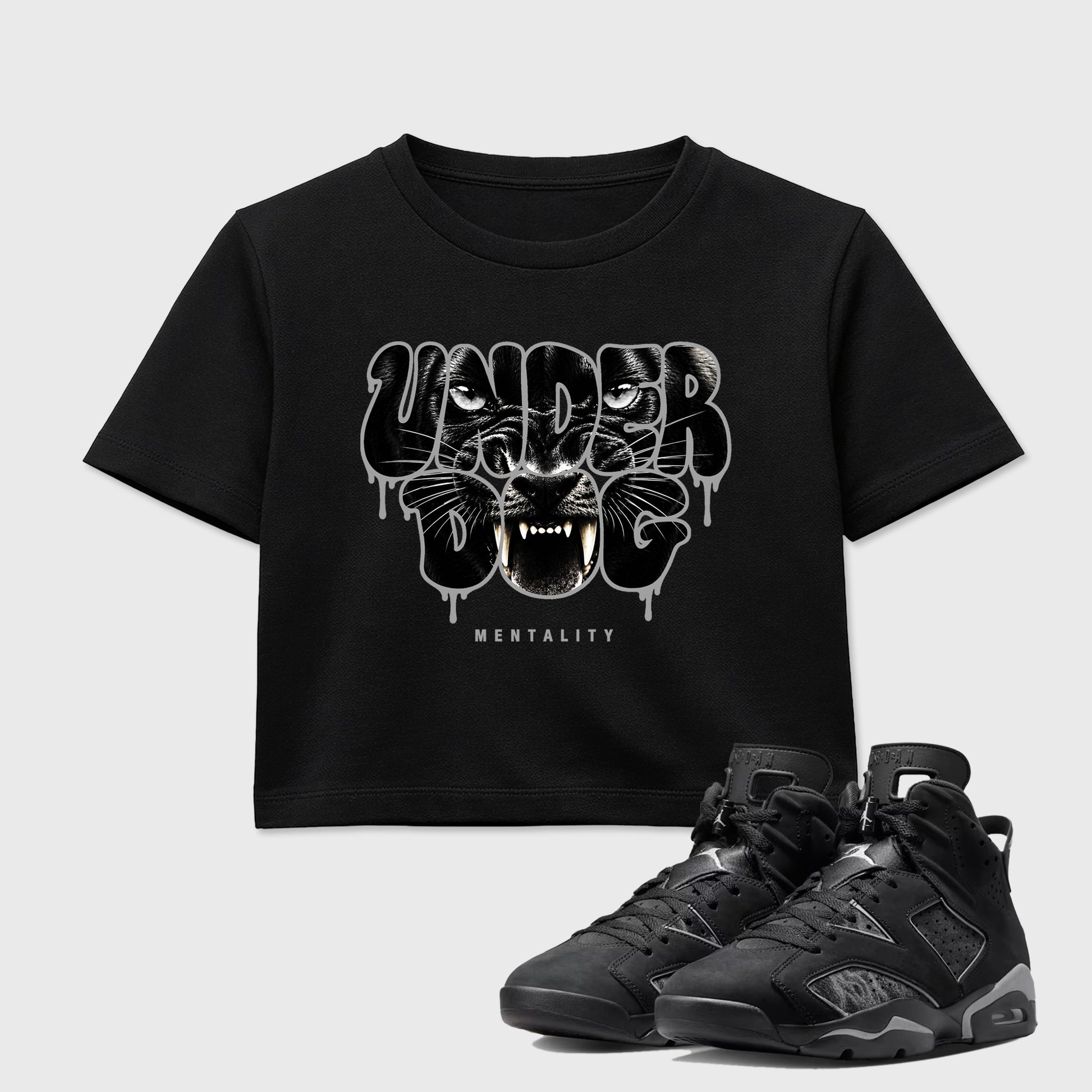 Sneaker match tees – Sneaker Tees To Match Air Jordan 6 Cap and Gown Shoes – Under Dog Mentality Crop T-Shirt Black 1
