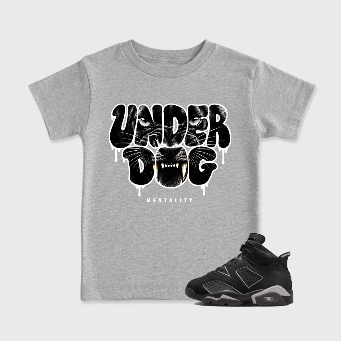 Sneaker match tees – Sneaker Tees To Match Air Jordan 6 Cap and Gown Shoes – Under Dog Mentality Kids T-Shirt Heather Grey 1