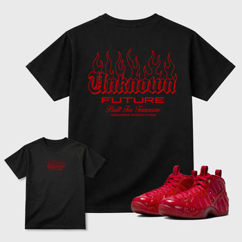Unknown Future Graphic T-Shirt sneaker match tee designed for the Air Jordan Foamposite Pro Gym Red sneakers, featuring coordinated color options for a perfect streetwear match. Black shirt.