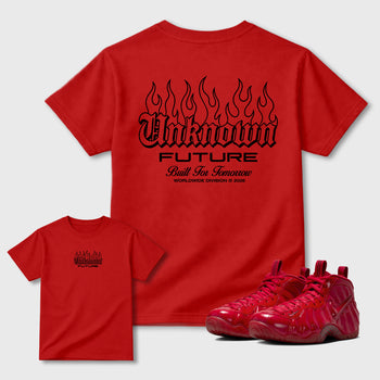 Unknown Future Graphic T-Shirt sneaker match tee designed for the Foams Gym Red, featuring coordinated color options for a perfect streetwear match. Red shirt.