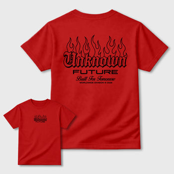 Unknown Future Graphic T-Shirt sneaker match tee designed for the Foams Gym Red, featuring coordinated color options for a perfect streetwear match. Red shirt.