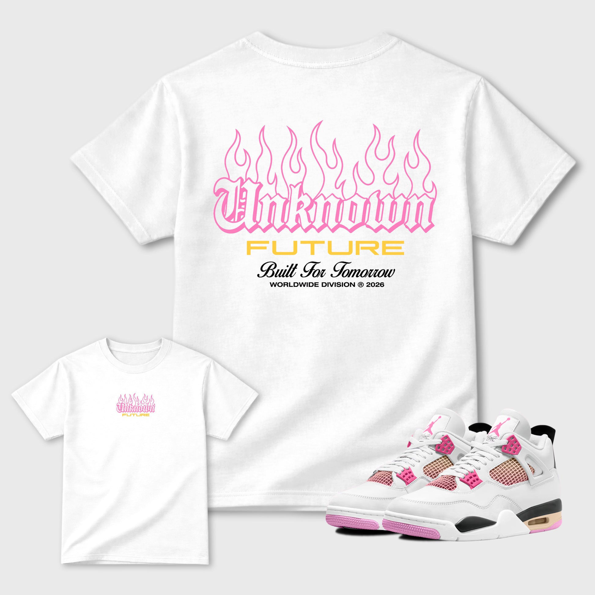 Unknown Future Graphic T-Shirt sneaker match tee designed for the Air Jordan 4 Comic sneakers, featuring coordinated color options for a perfect streetwear match. White shirt.