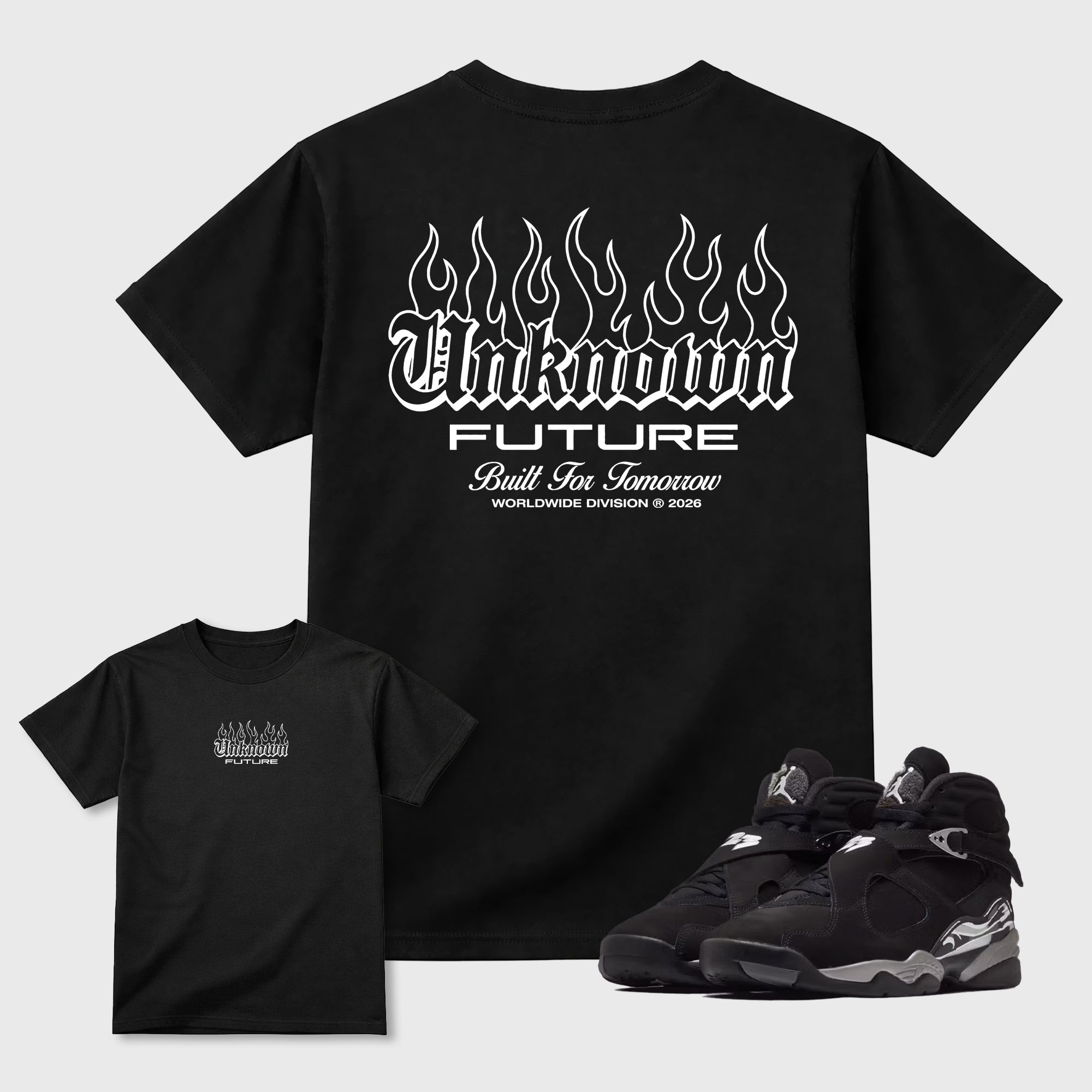 Unknown Future Graphic T-Shirt featuring original streetwear artwork designed to match the . Black Graphic T-Shirt.