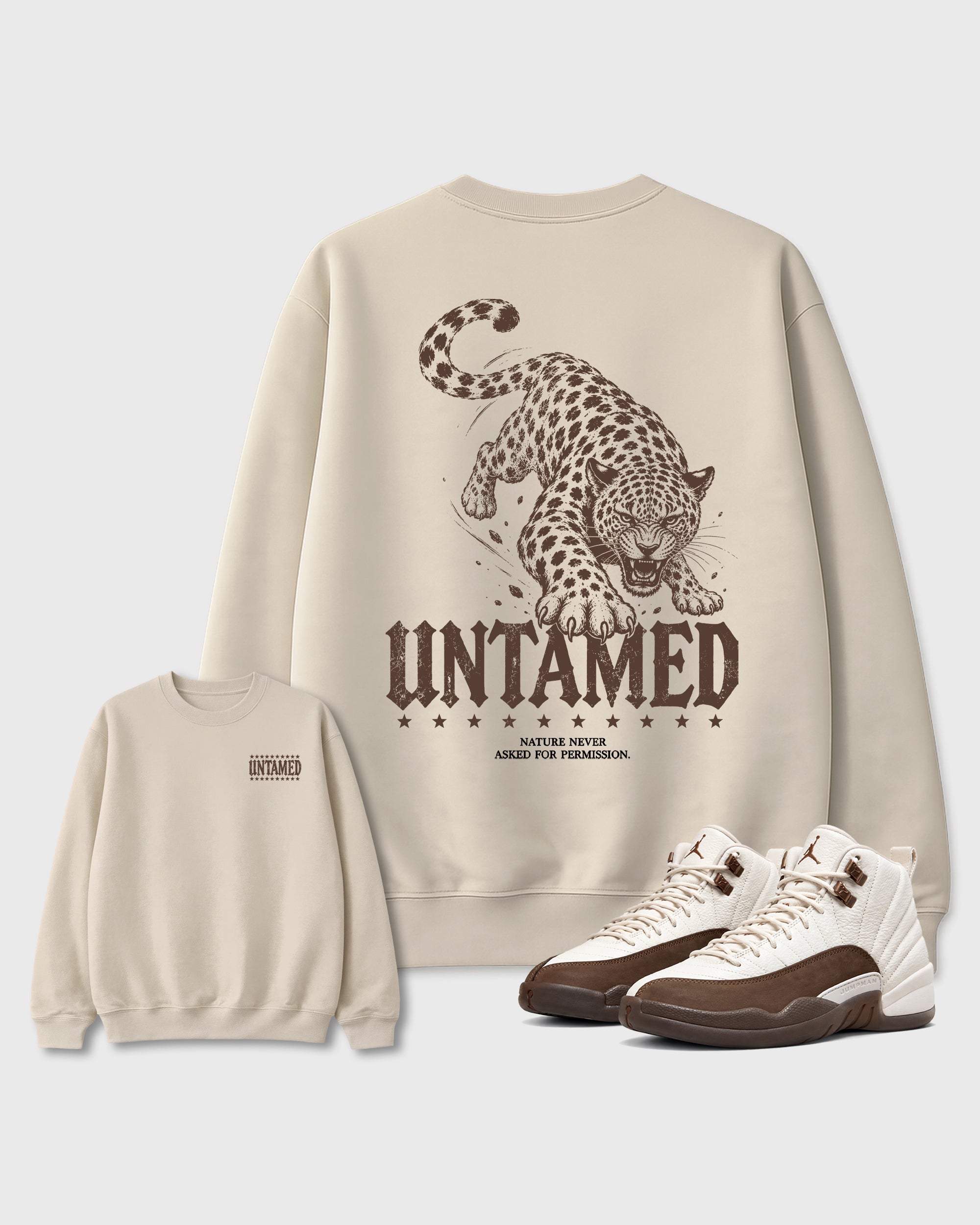 Untamed Natural Graphic Sweatshirt - 1, a sneaker matching sweatshirt designed to coordinate with Air Jordan 12 Fireside sneakers for a complete sneaker outfit.