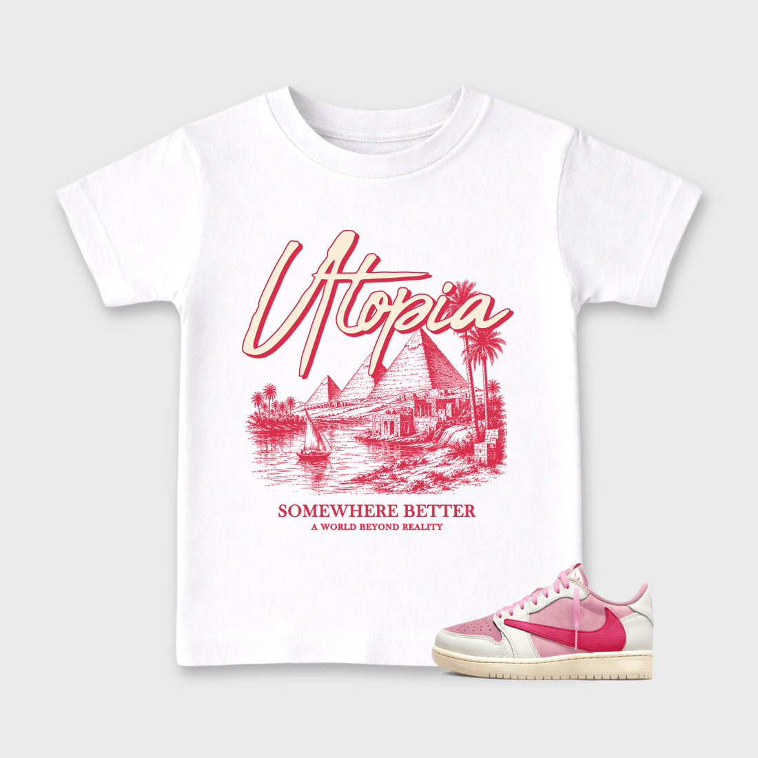 Utopia affordable baby and kids t-shirt designed to match the Jordan 1 Low x Travis Scott Tropical Pink, featuring coordinated White 1 options for the perfect little sneakerhead streetwear look.