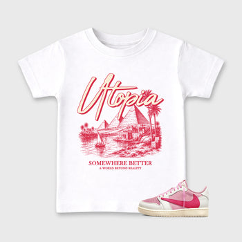 Utopia affordable baby and kids t-shirt designed to match the Jordan 1 Low x Travis Scott Tropical Pink, featuring coordinated White 1 options for the perfect little sneakerhead streetwear look.