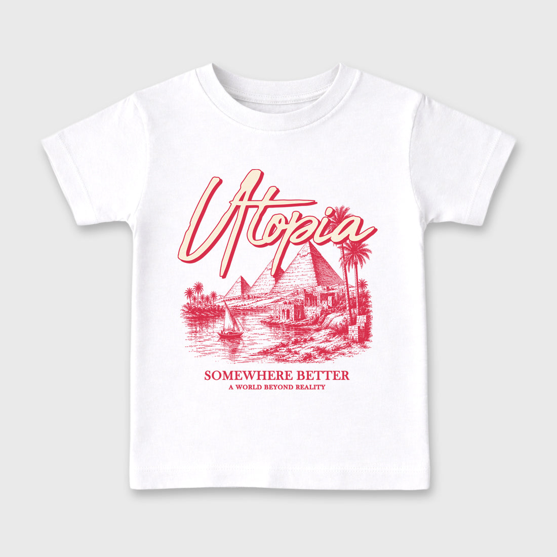 Utopia affordable baby and kids t-shirt designed to match the Jordan 1 Low x Travis Scott Tropical Pink, featuring coordinated White 2 options for the perfect little sneakerhead streetwear look.