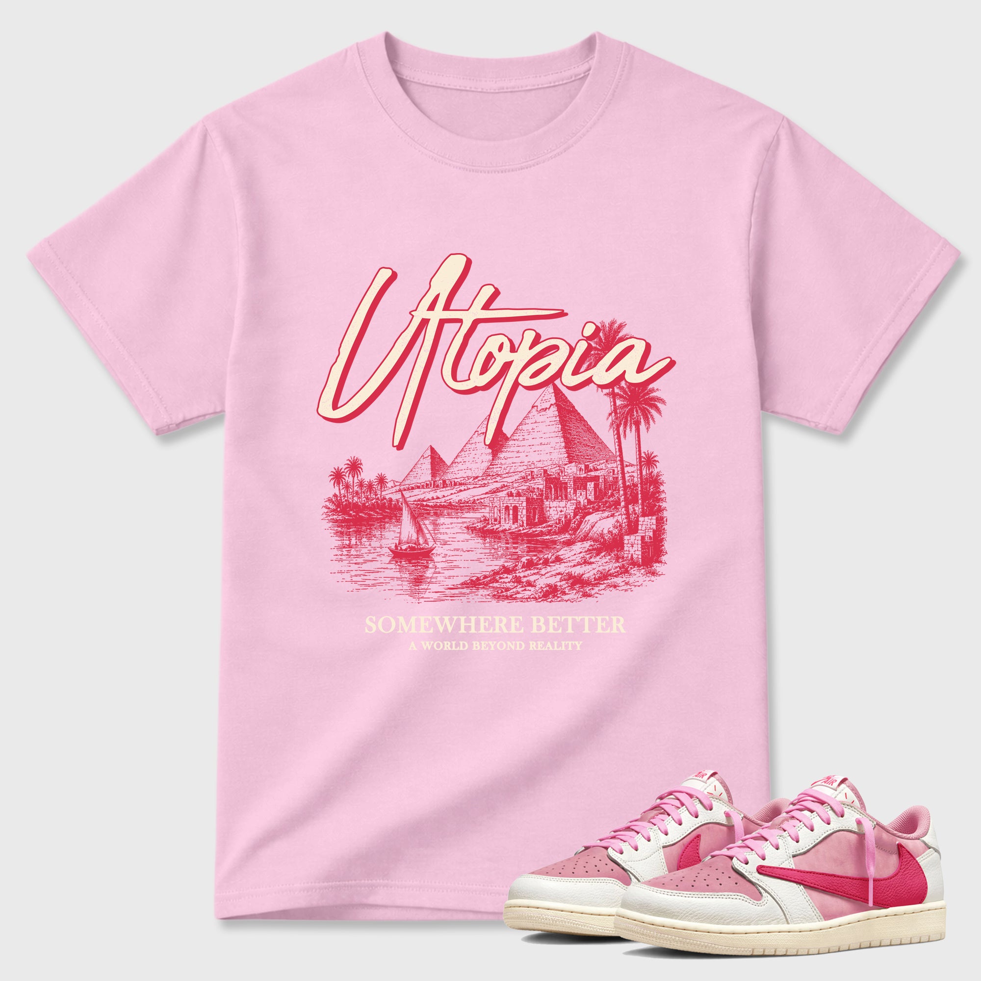Utopia Graphic T-Shirt sneaker match tee designed for the Jordan 1 Low x Travis Scott Tropical Pink, featuring coordinated color options for a perfect streetwear match. Pink 1 shirt.