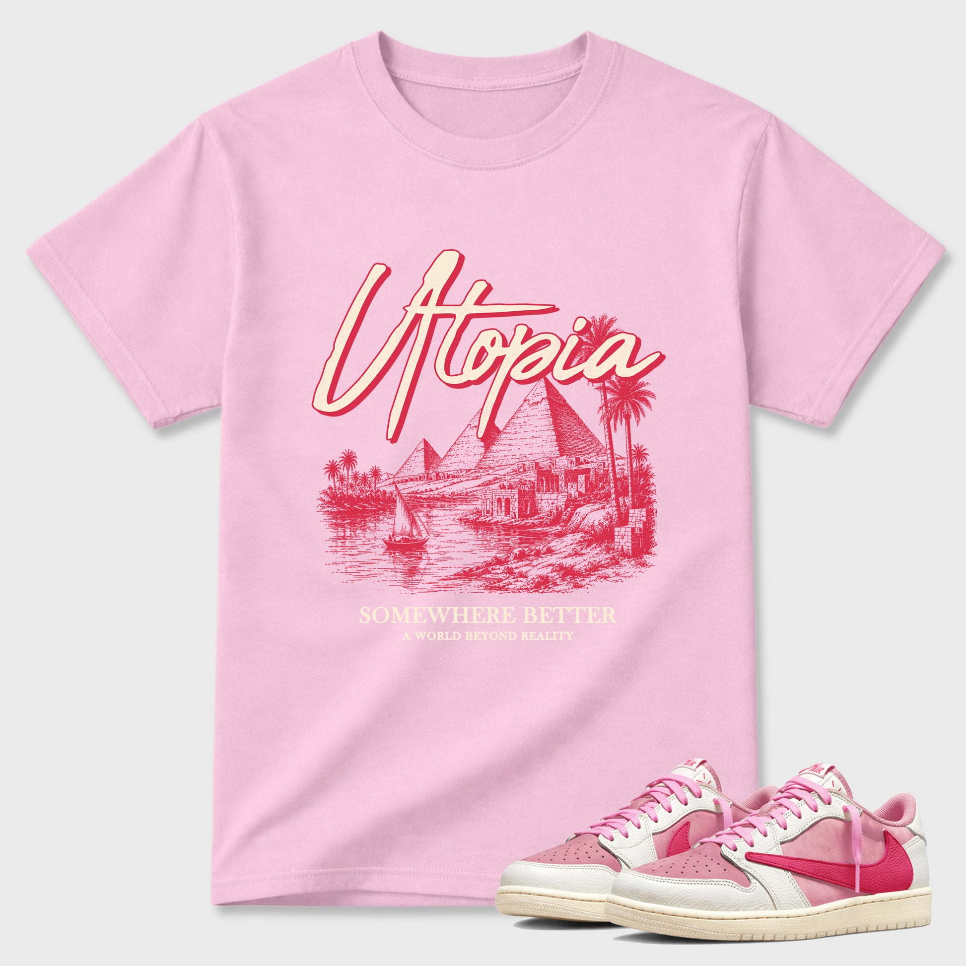 Utopia Graphic T-Shirt sneaker match tee designed for the Jordan 1 Low x Travis Scott Tropical Pink, featuring coordinated color options for a perfect streetwear match. Pink 1 shirt.