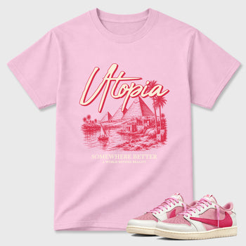 Utopia Graphic T-Shirt sneaker match tee designed for the Jordan 1 Low x Travis Scott Tropical Pink, featuring coordinated color options for a perfect streetwear match. Pink 1 shirt.