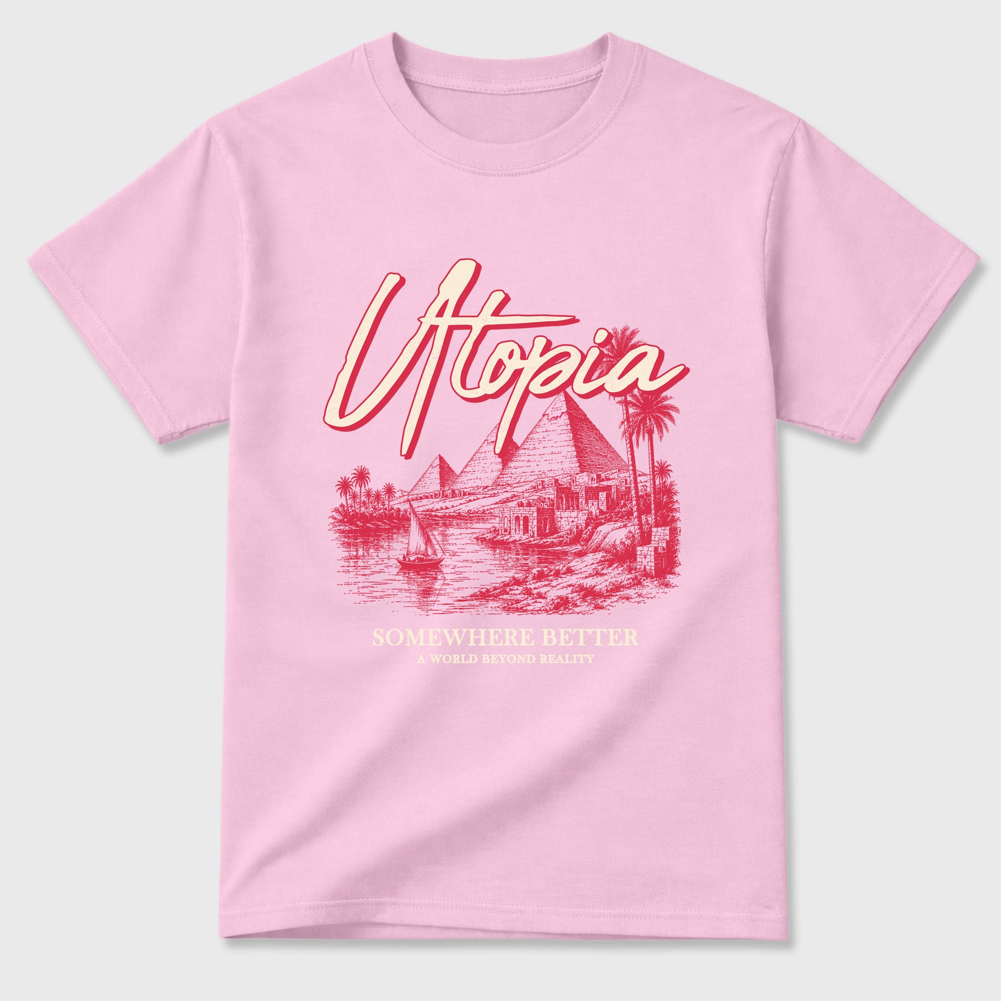 Utopia Graphic T-Shirt sneaker match tee designed for the Jordan 1 Low x Travis Scott Tropical Pink, featuring coordinated color options for a perfect streetwear match. Pink 2 shirt.
