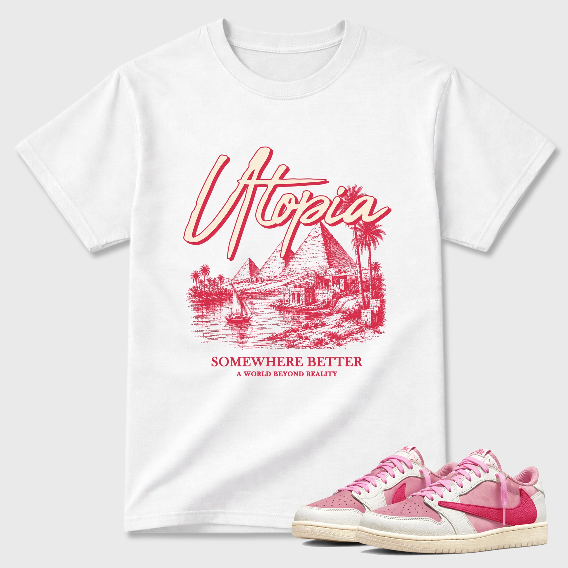 Utopia Graphic T-Shirt sneaker match tee designed for the Jordan 1 Low x Travis Scott Tropical Pink, featuring coordinated color options for a perfect streetwear match. White 1 shirt.