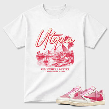 Utopia Graphic T-Shirt sneaker match tee designed for the Jordan 1 Low x Travis Scott Tropical Pink, featuring coordinated color options for a perfect streetwear match. White 1 shirt.