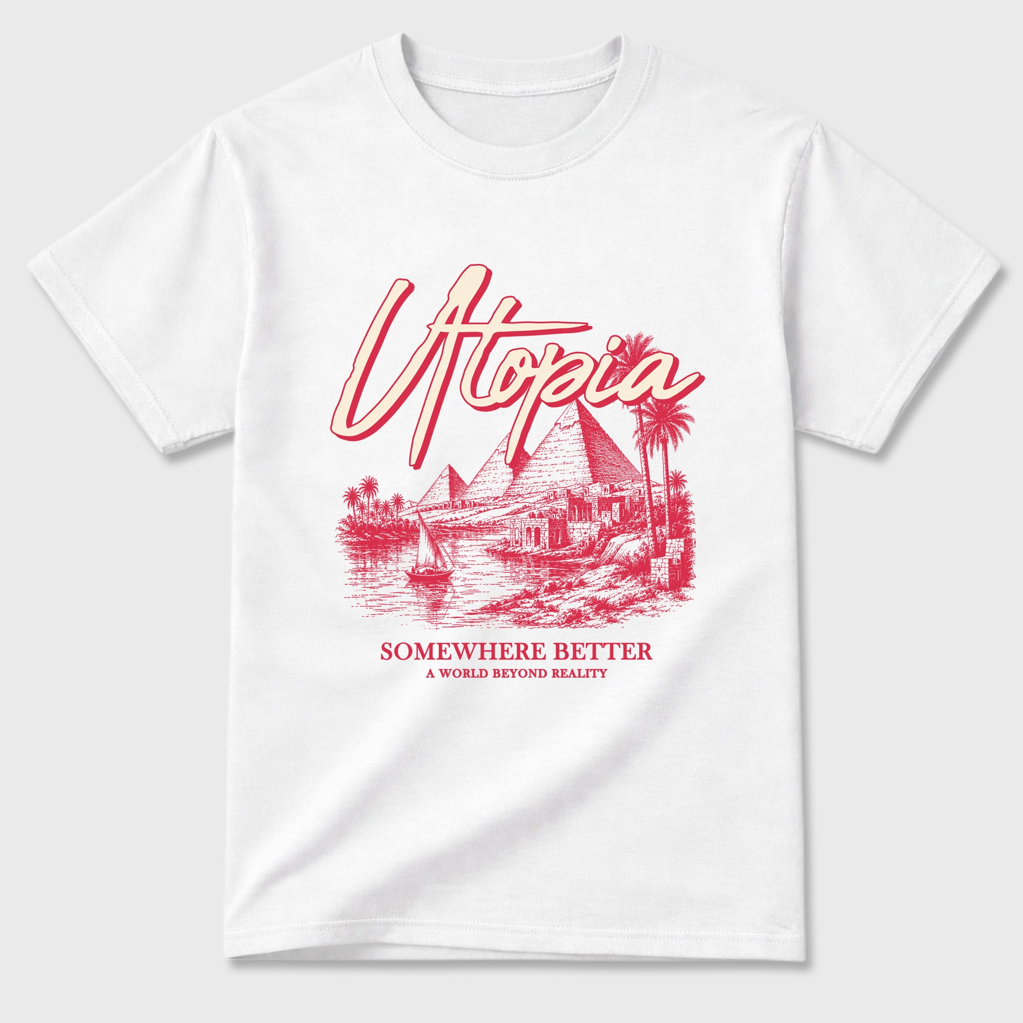 Utopia Graphic T-Shirt sneaker match tee designed for the Jordan 1 Low x Travis Scott Tropical Pink, featuring coordinated color options for a perfect streetwear match. White 2 shirt.