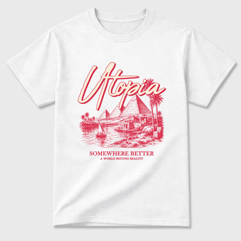 Utopia Graphic T-Shirt sneaker match tee designed for the Jordan 1 Low x Travis Scott Tropical Pink, featuring coordinated color options for a perfect streetwear match. White 2 shirt.