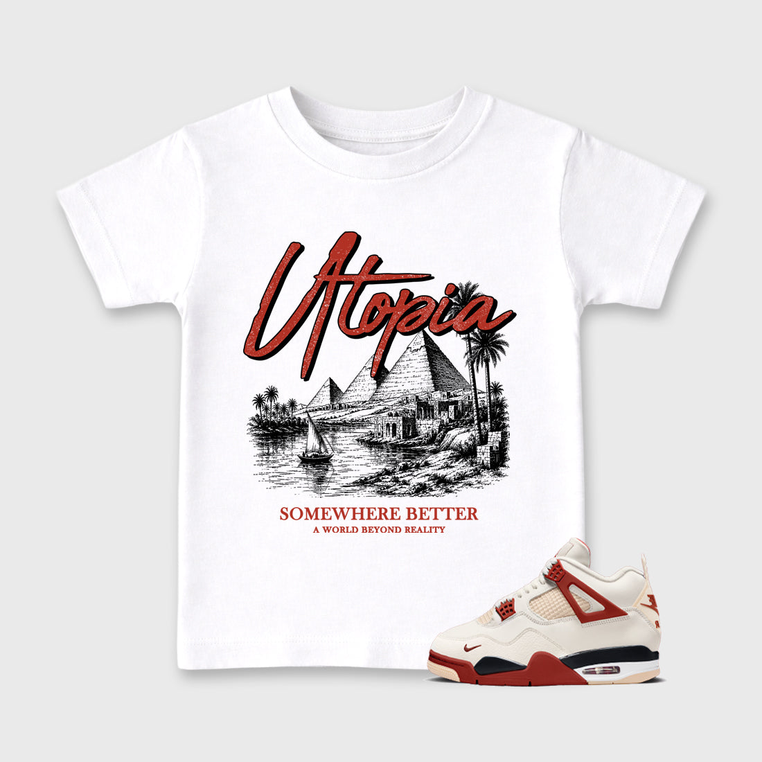 Utopia affordable baby and kids t-shirt designed to match the Air Jordan 4 Brick After Brick, featuring coordinated White 1 options for the perfect little sneakerhead streetwear look.