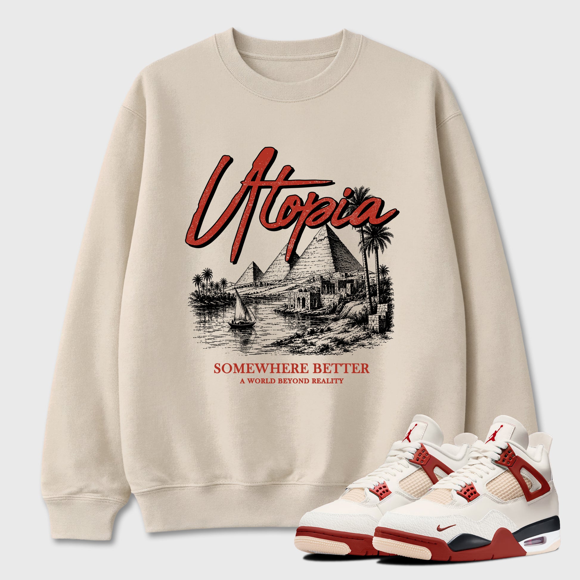 Utopia Graphic T-Shirt sneaker match tee designed for the Air Jordan 4 Brick After Brick, featuring coordinated color options for a perfect streetwear match. Natural 1 shirt.