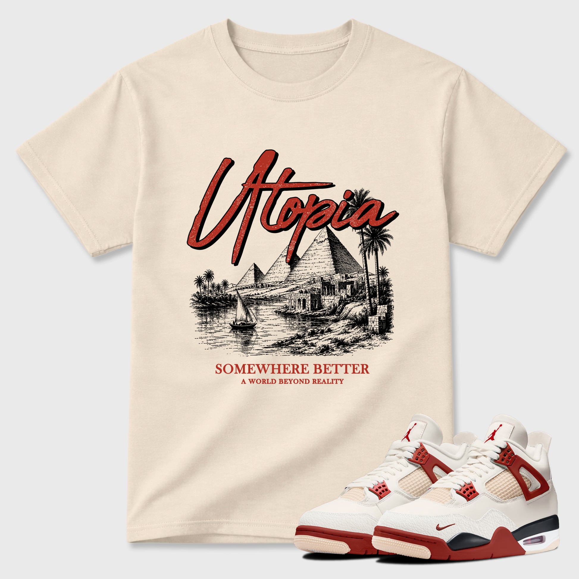 Utopia Graphic T-Shirt sneaker match tee designed for the Air Jordan 4 Brick After Brick, featuring coordinated color options for a perfect streetwear match. Natural 1 shirt.