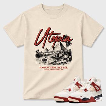 Utopia Graphic T-Shirt sneaker match tee designed for the Air Jordan 4 Brick After Brick, featuring coordinated color options for a perfect streetwear match. Natural 1 shirt.