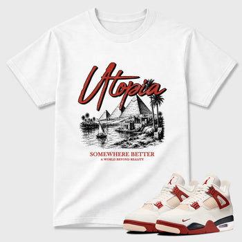 Utopia Graphic T-Shirt sneaker match tee designed for the Air Jordan 4 Brick After Brick, featuring coordinated color options for a perfect streetwear match. White 1 shirt.