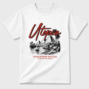 Utopia Graphic T-Shirt sneaker match tee designed for the Air Jordan 4 Brick After Brick, featuring coordinated color options for a perfect streetwear match. White 2 shirt.