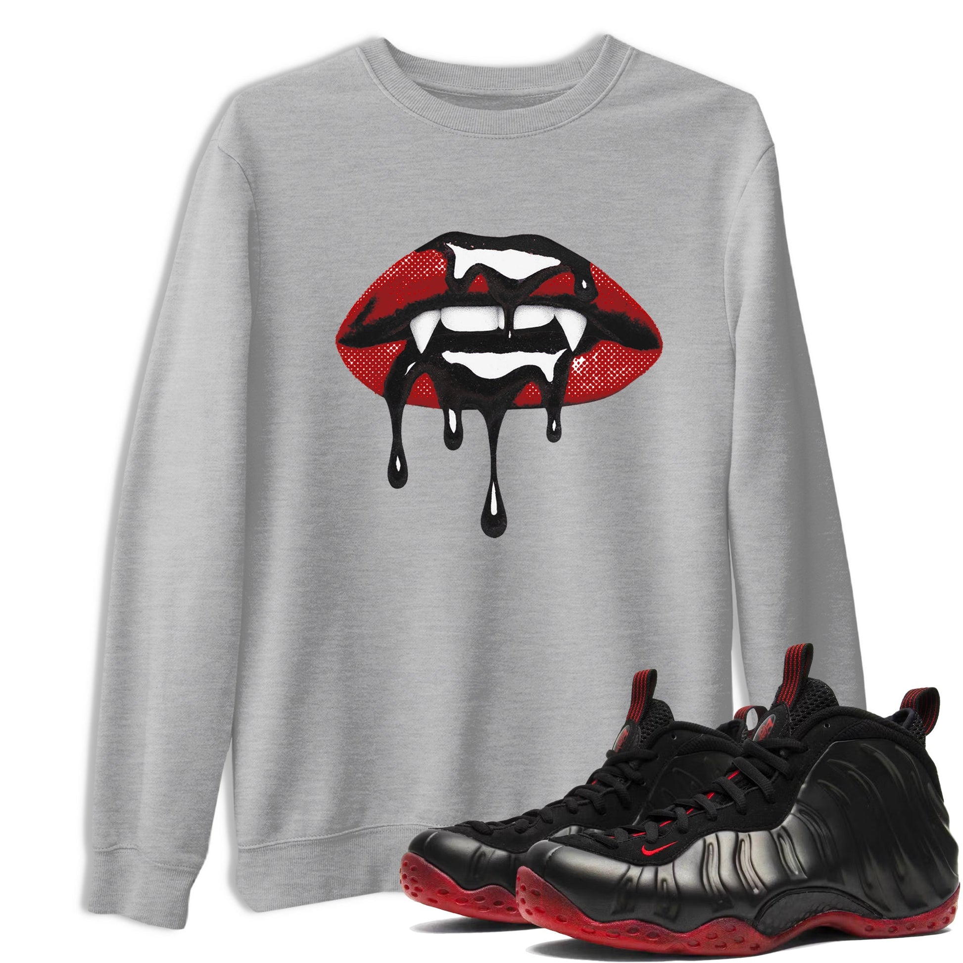 Sneaker match tees – Sneaker Threads To Match Air Foamposite Cough Drop Shoes, Air Foamposite One Black and Varsity Red – Vampire Lips Tee Heather Grey 1