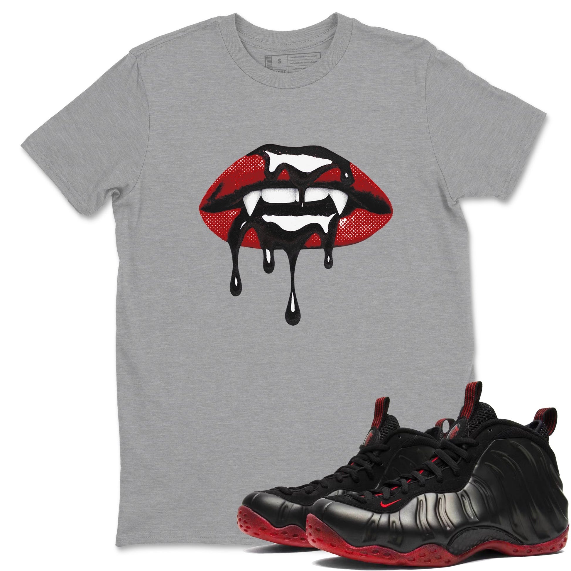 Sneaker match tees – Sneaker Threads To Match Air Foamposite Cough Drop Shoes, Air Foamposite One Black and Varsity Red – Vampire Lips Tee Heather Grey 1