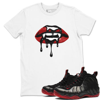 Sneaker match tees – Sneaker Threads To Match Air Foamposite Cough Drop Shoes, Air Foamposite One Black and Varsity Red – Vampire Lips Tee White 1