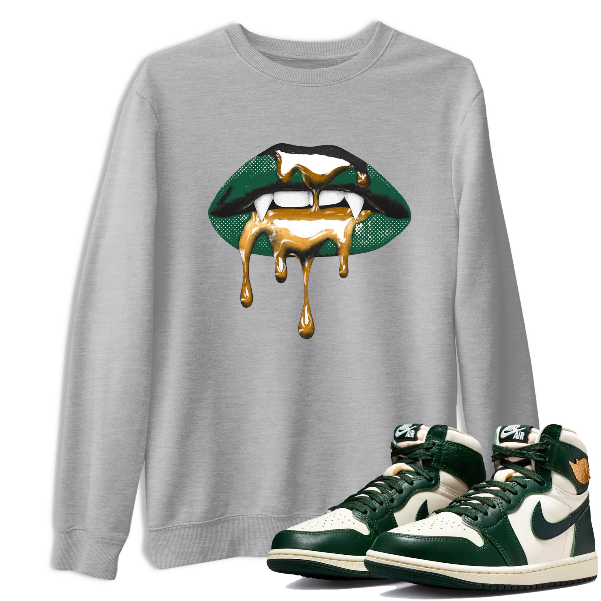 Sneaker Threads – Sneaker Tees To Match Air Jordan 1 Pro Green – Vampire Lips Graphic Tee Heather Grey 1. Perfect for Jordan releases 2025 colorways.