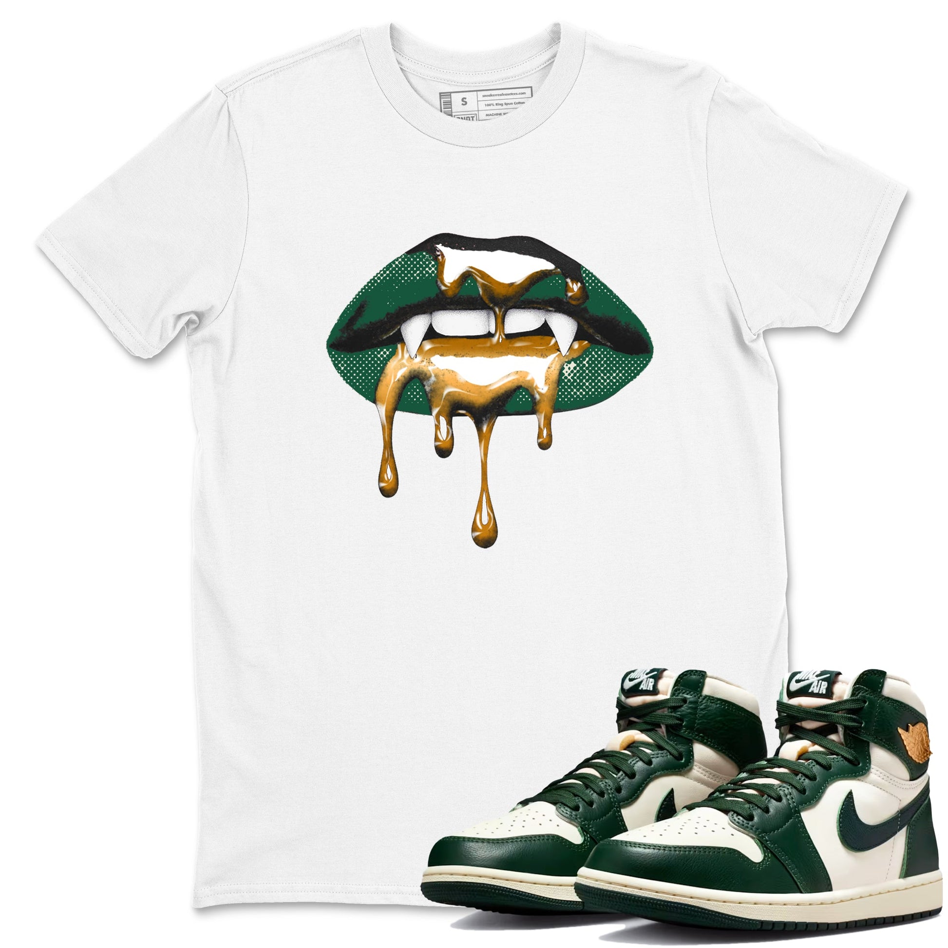 Sneaker Threads – Sneaker Tees To Match Air Jordan 1 Pro Green – Vampire Lips Graphic Tee White 1. Perfect for Jordan releases 2025 colorways.