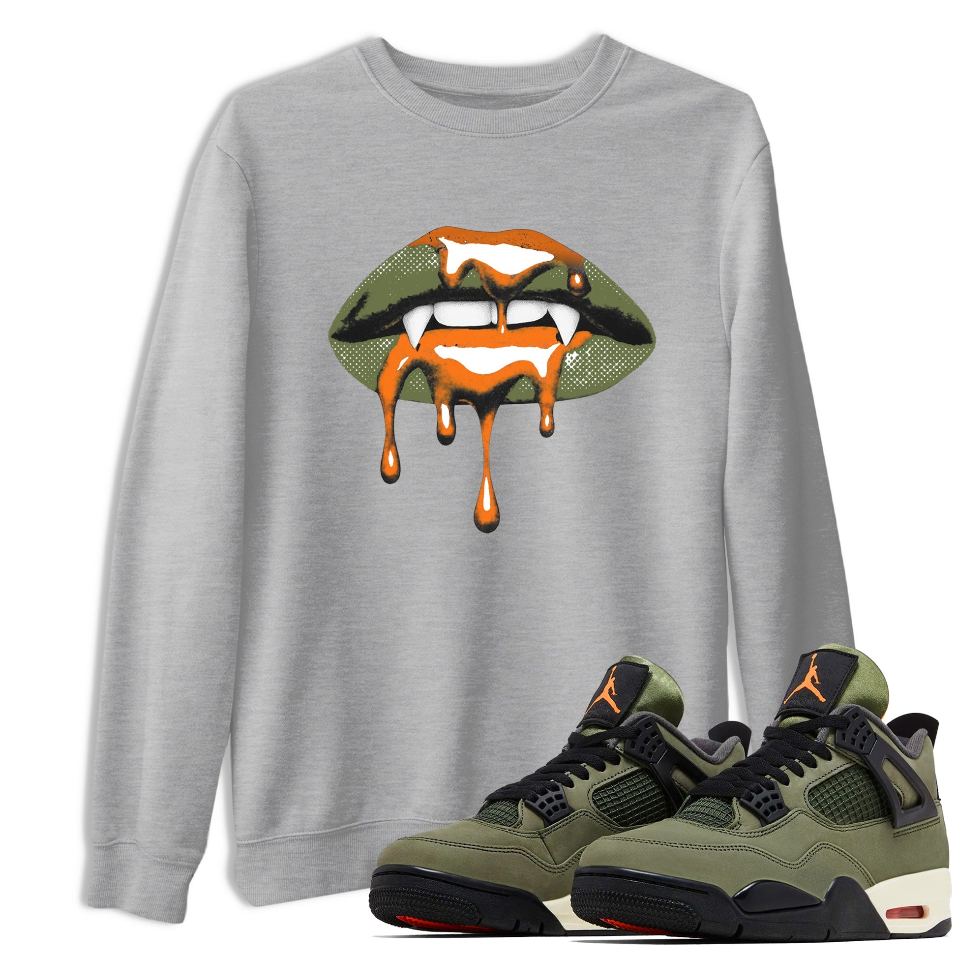 Sneaker match tees – Sneaker Threads To Match Air Jordan 4 OG Olive Shoes, Air Jordan 4 OG Olive – Vampire Lips Tee Heather Grey 1