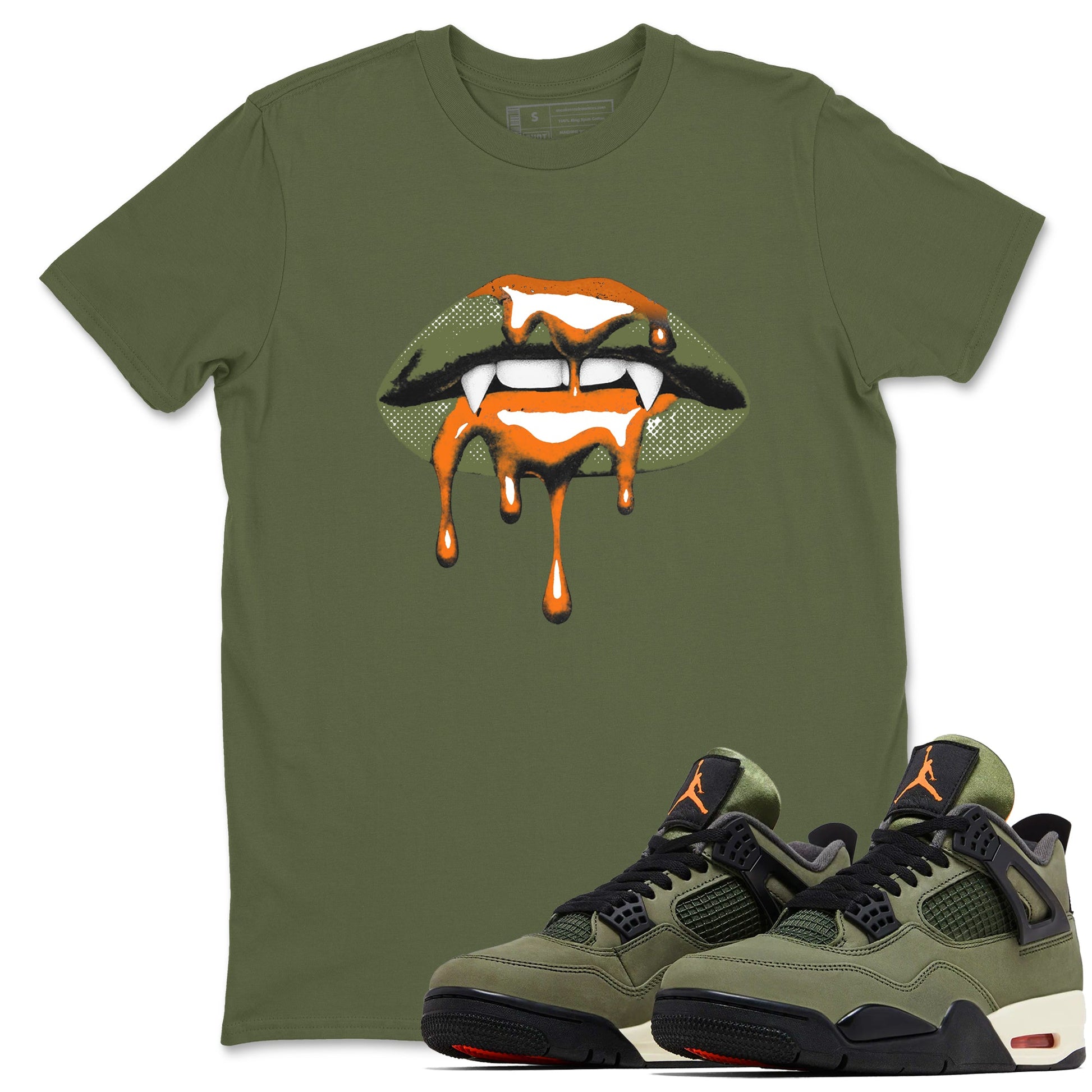 Sneaker match tees – Sneaker Threads To Match Air Jordan 4 OG Olive Shoes, Air Jordan 4 OG Olive – Vampire Lips Tee Military Green 1